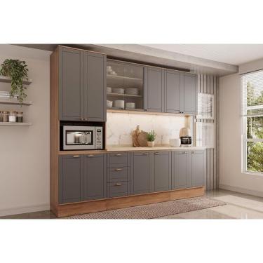 Imagem de Cozinha Completa Bella 11 Portas 3 Gavetas MDF 120cm Nogal Cinza 5 Módulos com Tampo
