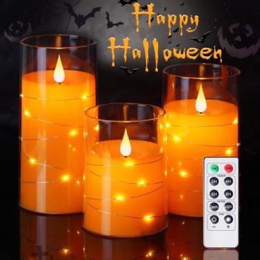 Imagem de Velas sem chama Homemory Halloween com luzes de corda laranja