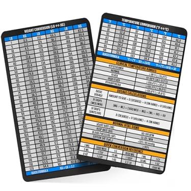 Imagem de Cartão de conversão de temperatura para enfermeiros – Essenciais da escola de enfermagem com tabela de conversão de C a F, tabela de peso, cálculos de drogas e dosagem IV – Tamanho do emblema de aço