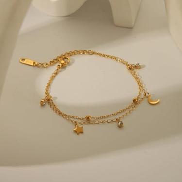 Imagem de Pulseira de elos de lua e estrela dourada com corrente de camada dupla, pingente de zircônia brilhante adornado com joias femininas modernas, presentes de aniversário