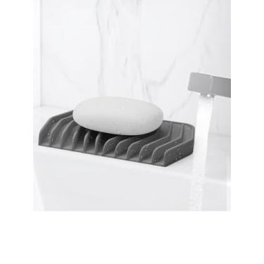 Imagem de 2 peças saboneteira de silicone para pia de banheiro, suporte de sabão em barra, banheiro, pia de cozinha, saboneteiras, estendida autodrenagem, cinza