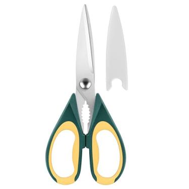 Imagem de Tesouras de cozinha multiuso com bainha protetora | Tesoura de aço inoxidável segura para lava-louças de 21 cm com aderência confortável amarela
