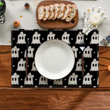 Imagem de Jogo americano assustador de Halloween Ghost Boo com listras pretas, conjunto de 4 tapetes de mesa vintage sazonais de 30 x 45 cm para decoração de festa, cozinha, jantar