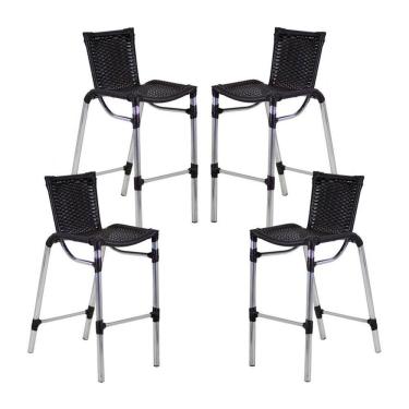 Imagem de 4 Banquetas Em Alumínio Fortaleza Alta Com Encosto Para Cozinha Edícula E Balcão Preto