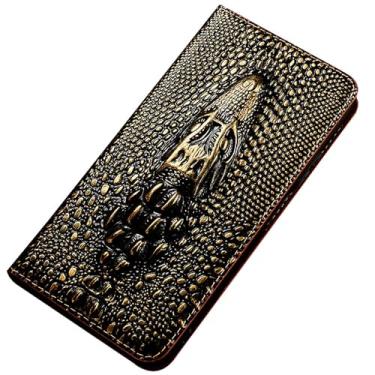 Imagem de POYUFRG Capa de couro genuíno para Honor Magic 8 Pro/Magic 8, capa carteira com padrão de cabeça de crocodilo 3D retrô com compartimentos para cartões, dourado, 8