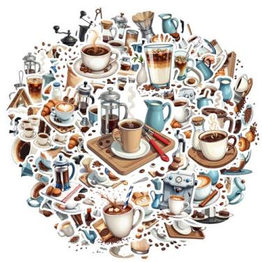 Imagem de 100 peças de adesivos de papelaria para café e bebidas matinais, cafeterias, adesivos de PVC para telefone faça você mesmo, guitarra, notebook, mala, copo, laptop, motocicleta, bagagem, telefone