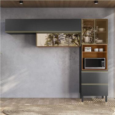 Imagem de Armário de Cozinha com Vidro Reflecta Compacta Proença 5 Portas 2 Gavetas Nogueira e Carbono