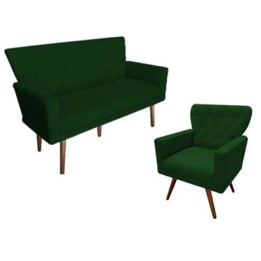 Imagem de Kit Namoradeira + 1 Poltrona Decorativa Aurora Suede Verde Pés Madeira