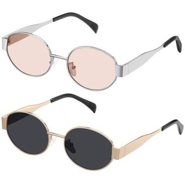 Imagem de JewMOTO Óculos de sol ovais retrô – óculos de sol femininos, óculos de sol modernos, óculos de sol clássicos com proteção UV400, pacote com 2 óculos de sol, Moldura dourada/peça cinza + moldura