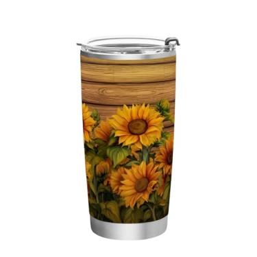 Imagem de Blueangle Copo de 590 ml com tampa e canudo, copo térmico de aço inoxidável isolado a vácuo, girassóis em placa de madeira, caneca térmica para bebidas quentes e frias (128)