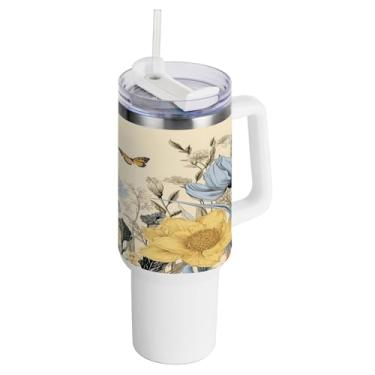 Imagem de xigua Copo vintage de flores silvestres de 1,134 g com alça e canudo, aço inoxidável duplo isolado a vácuo garrafa de água suporte de copo de garrafa de água amigável à prova de vazamento copo de