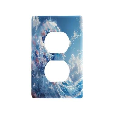 Imagem de Blueangle Placa de parede Great Wave Duplex Outlets, tamanho padrão, placas de cobertura de tomada elétrica de 1 gangue para decoração de quarto de escritório em casa, 4,53 x 2,76 polegadas (155)