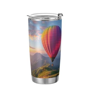 Imagem de Kigai Copo de aço inoxidável com balão de ar quente de 590 ml, copo de café isolado com tampa e canudo, caneca de café de viagem de parede dupla para bebidas quentes e frias