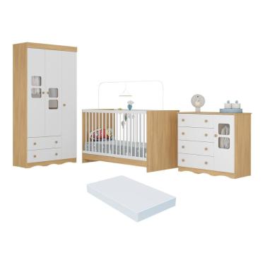 Imagem de Quarto De Bebê Completo Com Berço 3 Em 1 Com Colchão Incluso Serena Multimóveis MP4543 Madeirado-branco