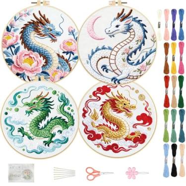 Imagem de FREEBLOSS 4 conjuntos de kit de bordado para iniciantes, kit de bordado estampado dragão e nuvem com instruções, agulhas, fios, 2 argolas de 29,5 cm