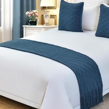Imagem de Colchas de cama de corredor de cama de malha de malha com borlas proteção de cama macia quarto hotel decoração acento cama king size cobertor de cama azul escuro ||60 x 230 cm para cama de 1,5/1,8 m