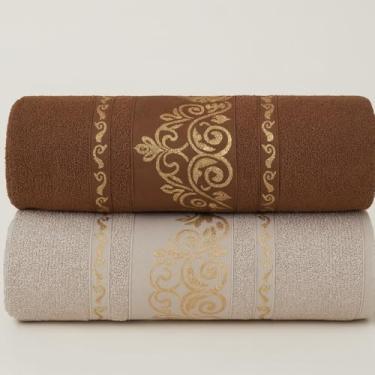 Imagem de Jogo de Toalha de Banho Conjunto de Duas PeçAs 100% AlgodãO Puro Excelente AbsorçãO de áGua Adequado para uso No Banheiro em Viagens Na NataçãO ou Na Academia(Kit 2Toalhas–Bege&Marrom)