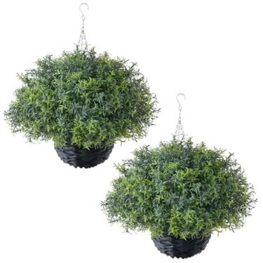 Imagem de YXZZWL Cesta suspensa de alecrim artificial – 2 conjuntos com cestas, plantas penduradas, arbustos falsos, adequado para varanda, beiral, fazenda e decoração de jardim para ornamentos externos