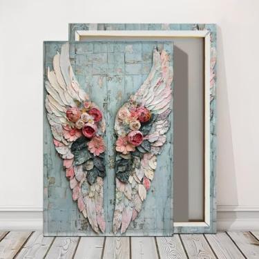 Imagem de Arte de parede emoldurada de parede com asas de anjo florais prontas para pendurar impressões para decoração de casa, ideia de presente para sala de estar e quarto, escritório, festa de festival