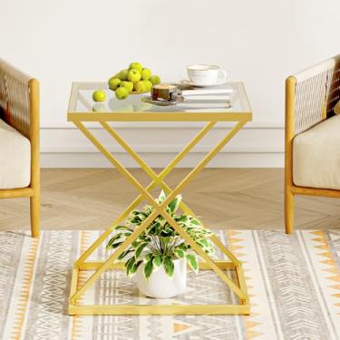 Imagem de CAFOM Mesa de canto quadrada com tampo de vidro temperado, moldura de metal elegante em forma de X, mesa de centro de sala de estar, mesa lateral de sofá, mesas de destaque para espaços pequenos, mesa