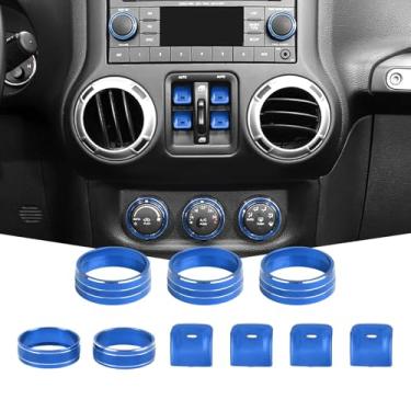 Imagem de Amayum 9 peças de console central AC botão interruptor de controle de janela painel adequado para Jeep Wrangler JK JKU 2012-2018 kit de anel de botão de volume de rádio, azul