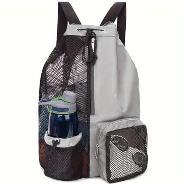 Imagem de Mochila de praia de malha, mochila de malha para praia e piscina com bolso molhado e cordão, design unissex (cinza claro)