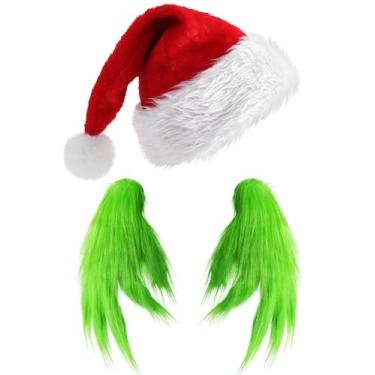 Imagem de Furutonhe Chapéu de Natal com luvas de mão peludas verdes adulto monstro cosplay acessórios de fantasia aba branca