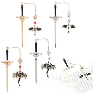Imagem de 4 marcadores de livro de dragão de quarta asa, marcador de livro vintage personalizado, marcador de livro de espada de dragão com pingente, acessórios de livro de fantasia para leitura de presentes