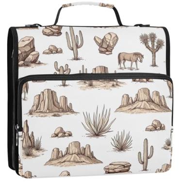 Imagem de Fichários de 3,8 cm, 3 anéis, cacto do deserto, camelos, organizador de fichários escolares com alça de ombro, vários bolsos para estudantes, pasta grande, 34,5 x 31,5 x 9 cm