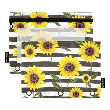Imagem de GAIGEO Pasta de lápis Work com 3 anéis, estojo com zíper, fichário rosa, bolsos transparentes, girassóis amarelos, listrados, 25 x 18 cm, 2 pacotes
