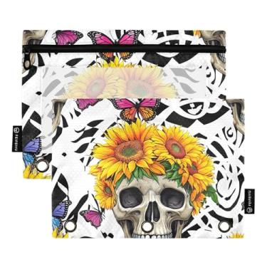 Imagem de GAIGEO Pasta de lápis Work com 3 anéis, estojo com zíper, fichário macio, bolsos transparentes, caveiras, coroa, girassóis vibrantes 25 x 18 cm, 2 pacotes