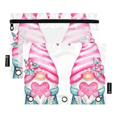 Imagem de Estojo de lápis de trabalho para fichário de 3 anéis, fichário com zíper, estojo para canetas, lindo, transparente, escola, gnomos rosa, floral, 25 x 18 cm, 2 pacotes