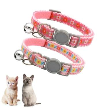 Imagem de Pacote com 2 coleiras para gatos com sinos, colares de flor rosa e branca para gatos, fivela de segurança, coleiras de gatinho com sinos, fofo, menino chique, fêmea, para XXS XS, pequenos filhotes