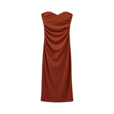 Imagem de Vestido Midi Feminino sem alça Com Decote Coração Franzido Frontal Ele