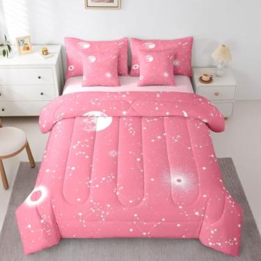 Imagem de Erosebridal Conjunto de cama de galáxia rosa, 7 peças, estampa de estrelas, King, com lençóis, espaço sideral, céu estrelado, universo, estrelas, decoração de quarto