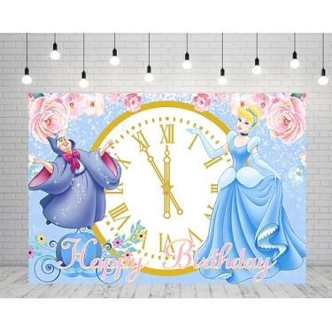 Imagem de ZHJCXYQQK Pano de fundo de princesa azul para artigos de festa de aniversário, 1,5 x 9 m, foto da Cinderela, tema princesa Cinderela, faixa para chá de bebê, decoração de mesa de bolo de aniversário