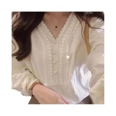 Imagem de Blusa Feminina Elegante De Algodão Branco Com Manga Longa E Decote Em 