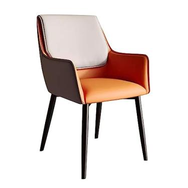 Imagem de Cadeira estofada de couro escandinava, cadeiras de jantar de patchwork com apoio de braço, cadeira lateral de cozinha, assento acolchoado e pernas de metal resistente, cadeira de mesa para adultos