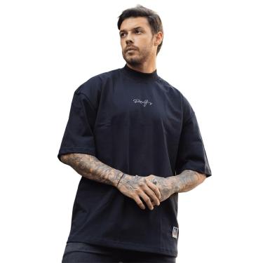 Imagem de Camiseta Oversized Gola Alta Aplique Assinatura Streetwear Confortavel Masculina Preto-Masculino