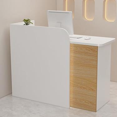 Imagem de Mesa de recepção moderna com gaveta trancável e ilhós de cabo, elegante balcão de varejo para simplicidade e estilo, balcão de caixa rosa com design espaçoso em forma de L (80 cm/31,4 pol.)