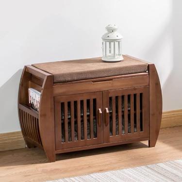 Imagem de Banco rústico de madeira maciça para armazenamento de sapatos e porta-revistas – Organizador elegante para decoração de casa, solução de armazenamento que economiza espaço para corredor e entrada