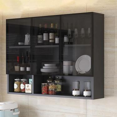 Imagem de Armário de armazenamento montado na parede para banheiro, cozinha e sala de estar - marrom/cinza sobre o vaso sanitário organizador com alça oculta - Solução de economia de espaço para pequenas áreas