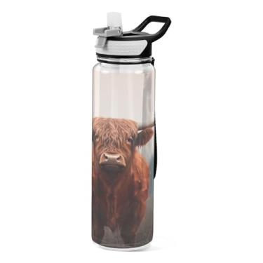 Imagem de Burbuja Garrafa de água Highland Cow de 940 ml com tampa de palha, à prova de vazamento e livre de BPA para academia, esportes ao ar livre