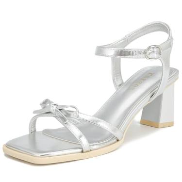 Imagem de Rsxese Sandália feminina de salto com laço, salto grosso, tira no tornozelo, fivela, bico aberto, vestido de noiva e festa de casamento, Prata, 39