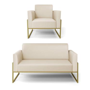 Imagem de Sofá Namoradeira Com Poltrona Base Industrial Alta Dourado Marisa Corino D03 - D\'rossi Cor Bege