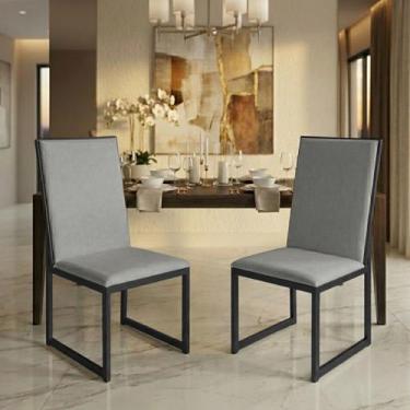 Imagem de Cadeira de Jantar Kit 2 Elisa Base de Ferro Preto com Estofado Linho -