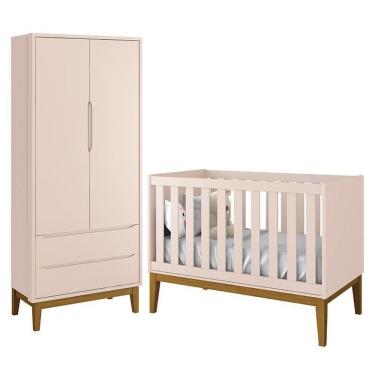 Imagem de Jogo De Quarto Infantil Guarda Roupa 2 Portas E Berço Classic Rosa Fosco Com Pés Amadeirado Reller Móveis Rosa Fosco