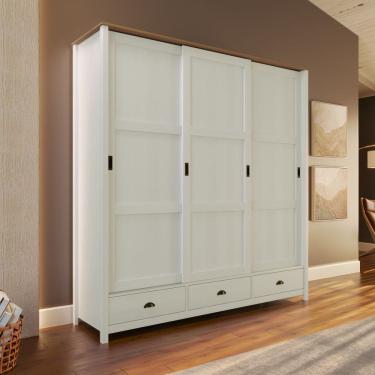 Imagem de Guarda Roupa Solteiro 9179BF Topázio Madeira Maciça 3 Portas Correr 3 Gavetas Branco Freijó Finestra