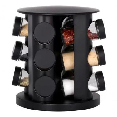 Imagem de Porta Temperos Giratório com 9 Potes de Vidro 85ML Base Regulável para Cozinha Preto Aquilae