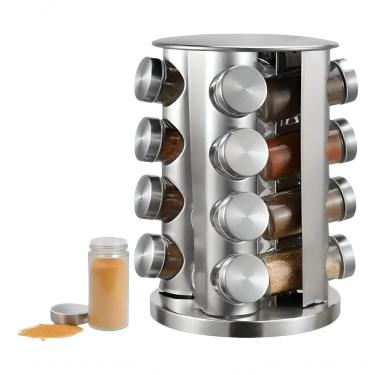 Imagem de Porta Tempero Giratório Condimento Giratório 16 Potes Redondo para Organização em Aço Inoxidável e Vidro